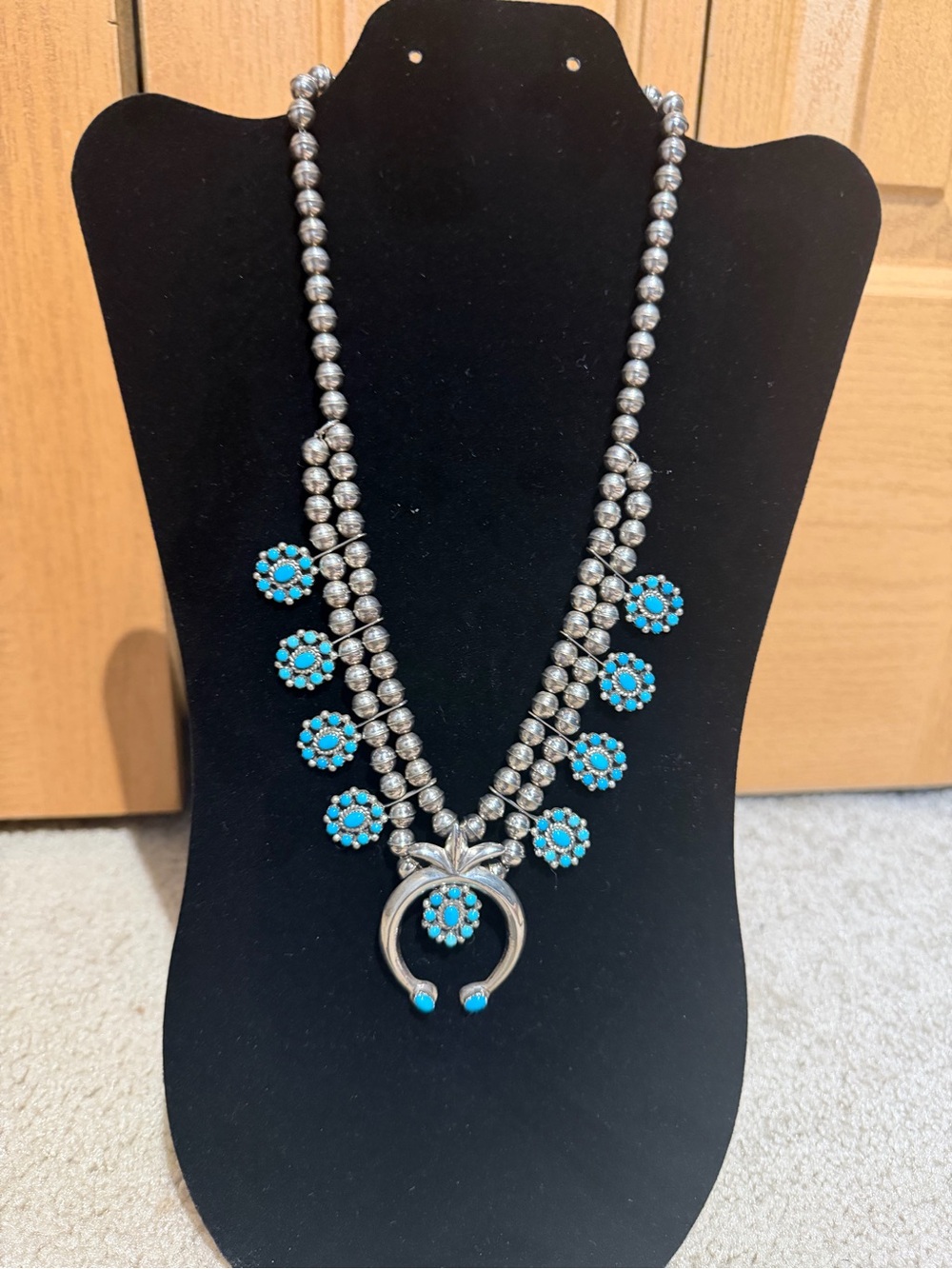 Vtg Navajo Sterling Silver Turquoise Cluster Squash Blossom Necklace